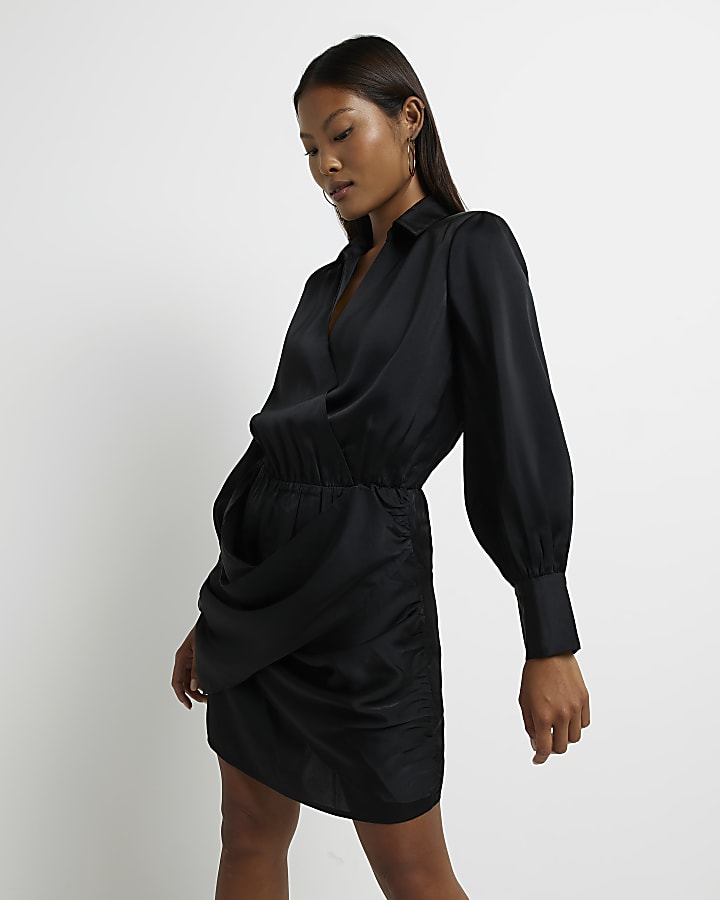 Petite black satin wrap mini dress