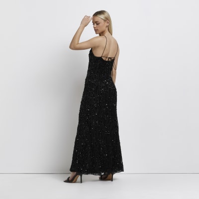 Petite black sequin halter neck maxi dress