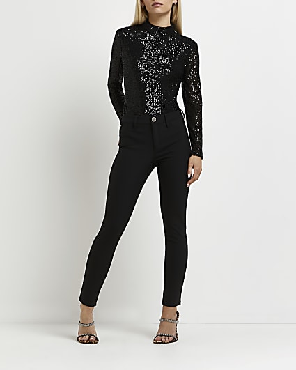 Petite black sequin long sleeve bodysuit