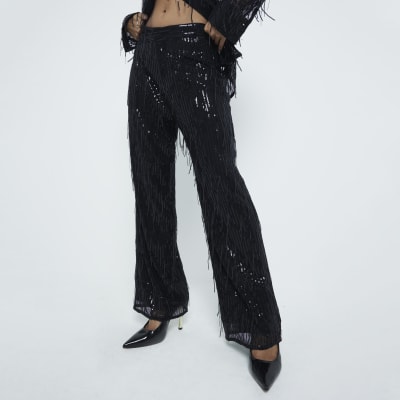 Petite Black Sequin Tailored Fringe Trousers