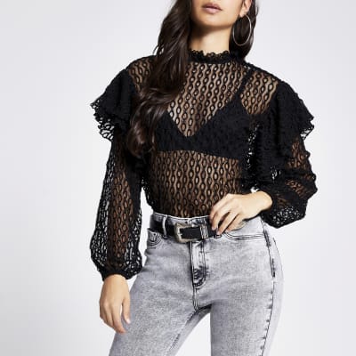 Petite black sheer lace blouse