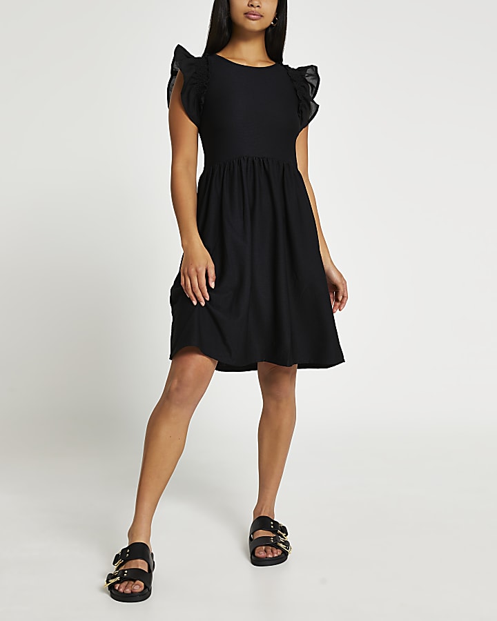 Petite black short frill sleeve mini dress
