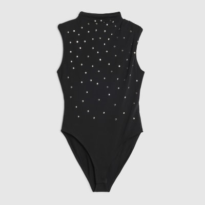 Petite Black Sleeveless Studded Bodysuit