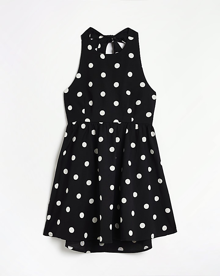 Petite black spot halter neck mini dress