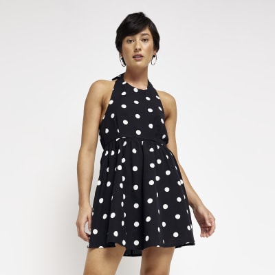 Petite black spot halter neck mini dress