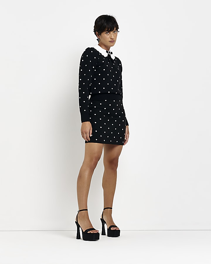 Petite black spot knit mini skirt