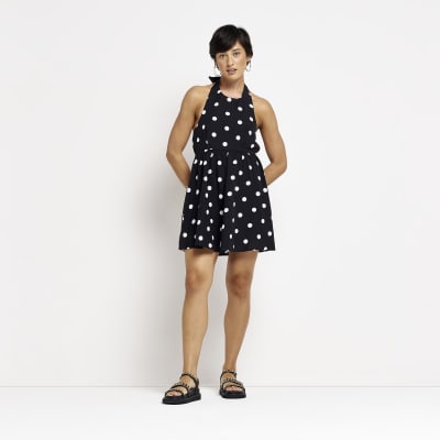 Petite black spot linen mini dress