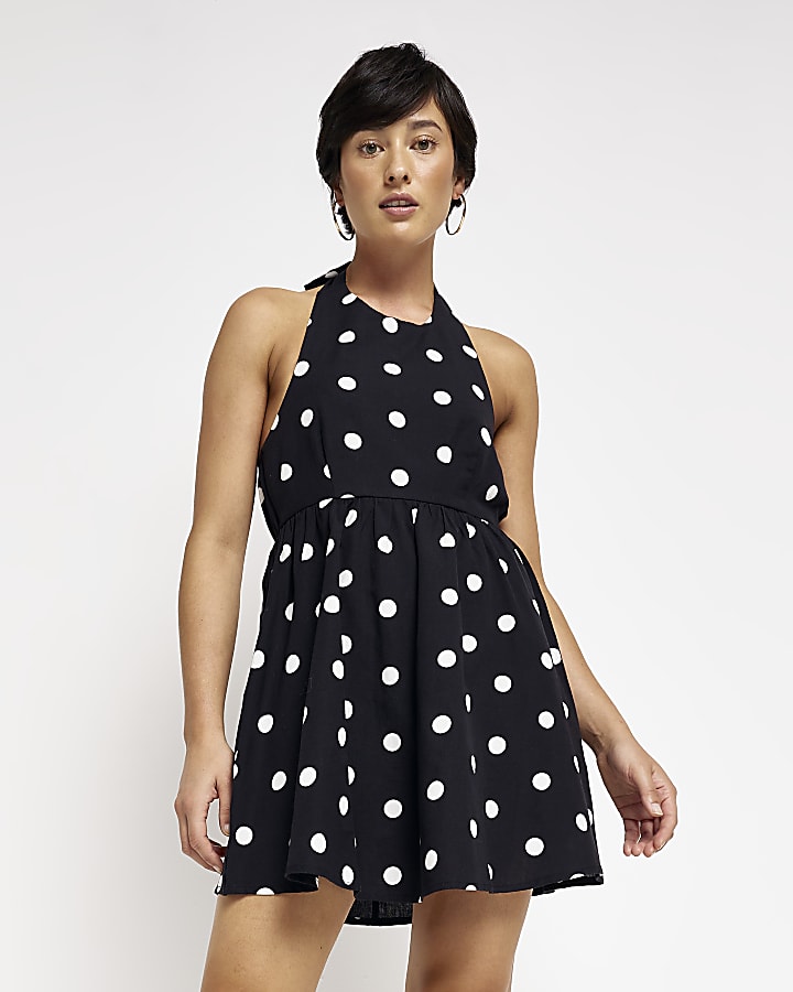 Petite black spot linen mini dress