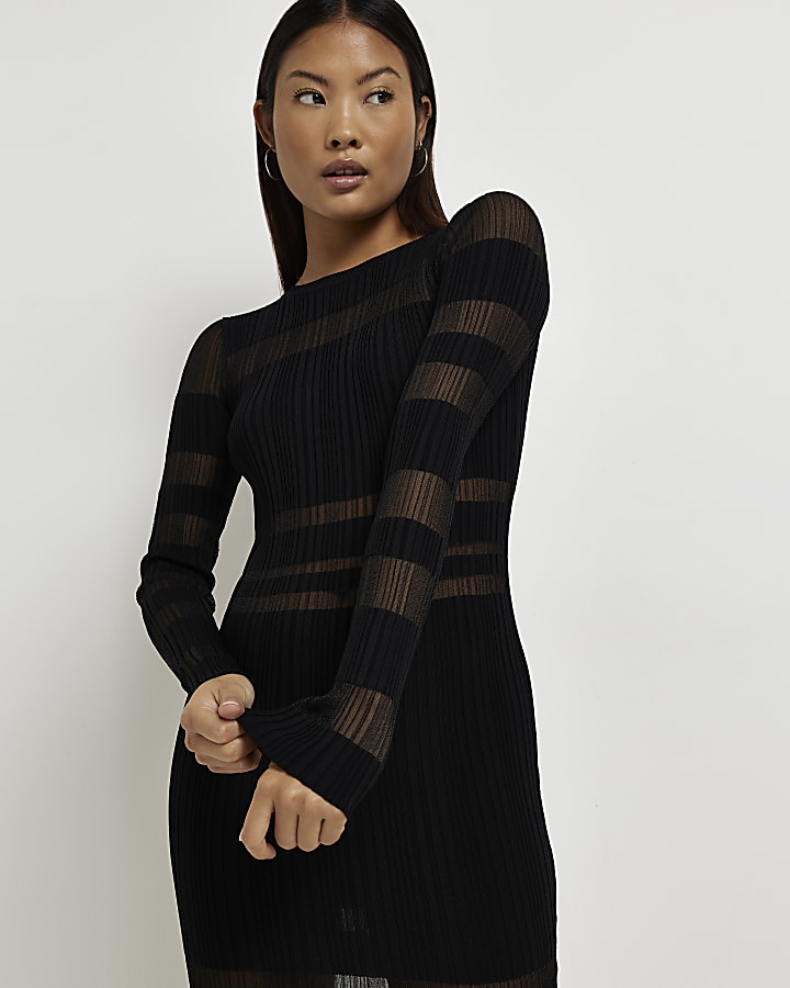 Petite black stripe knit bodycon midi dress