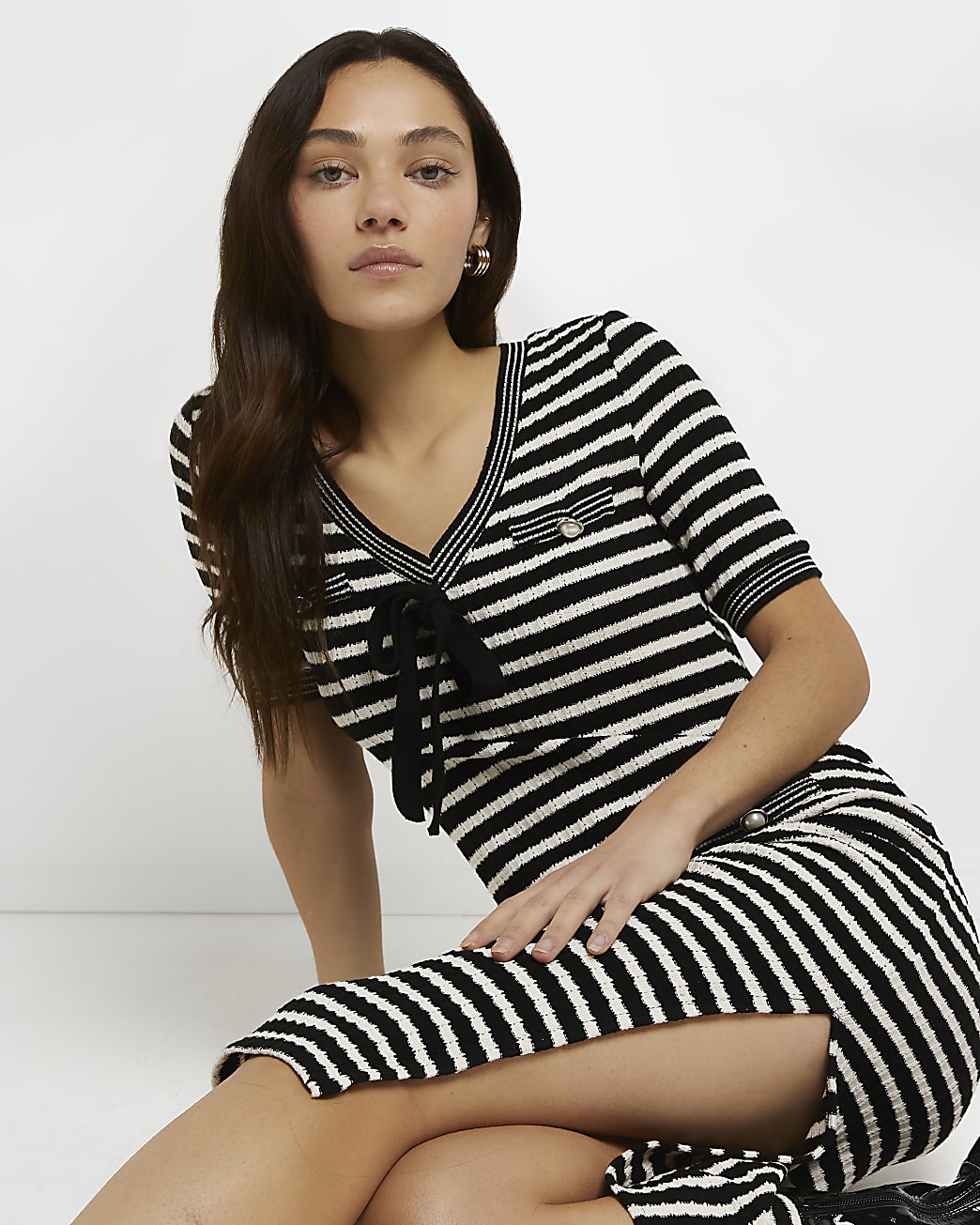 Petite black stripe knitted mini dress