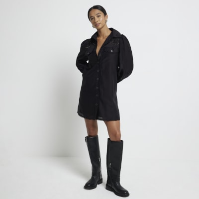 Petite Black Studded Broderie Shirt Dress