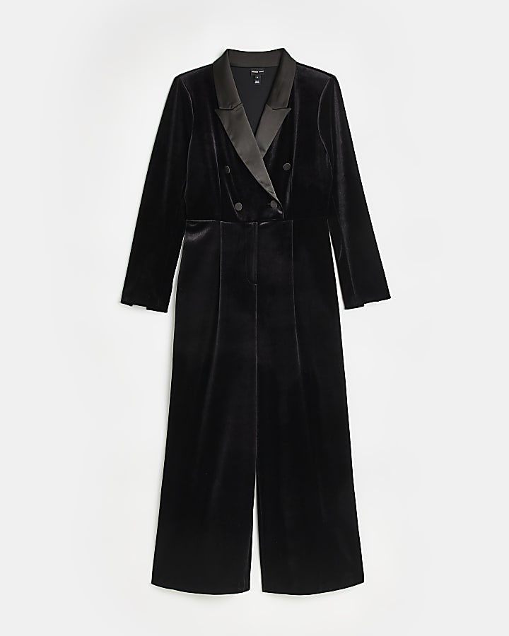 Petite black velvet blazer jumpsuit