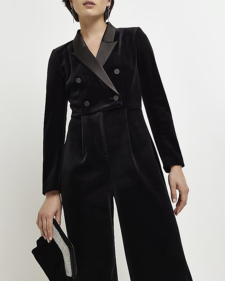 Petite black velvet blazer jumpsuit