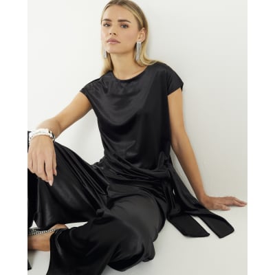 Petite Black Velvet Short Sleeve Tie Side Top