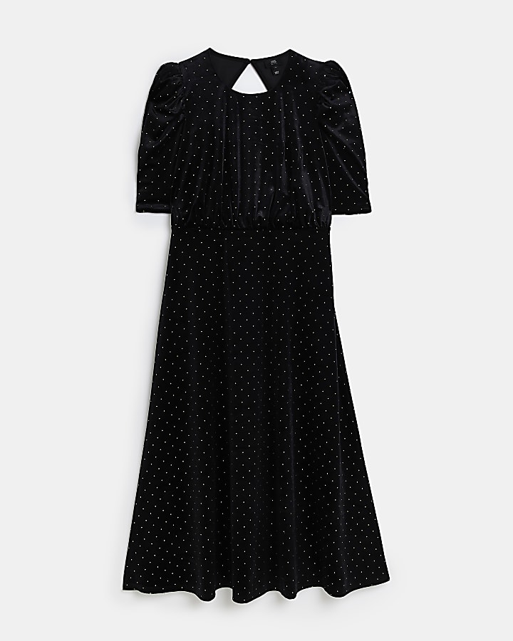 Petite black velvet studded midi dress