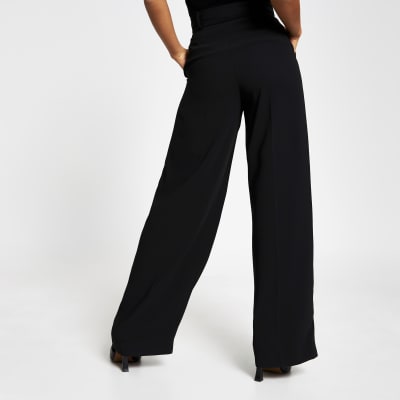 Petite black wide leg pleat front trousers