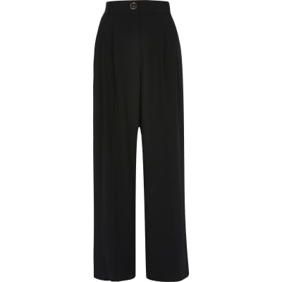 Petite black wide leg pleat front trousers