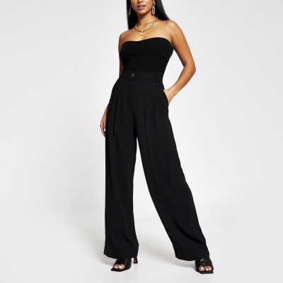 Petite black wide leg pleat front trousers