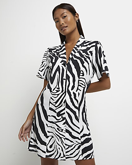 Petite black zebra print mini shirt dress