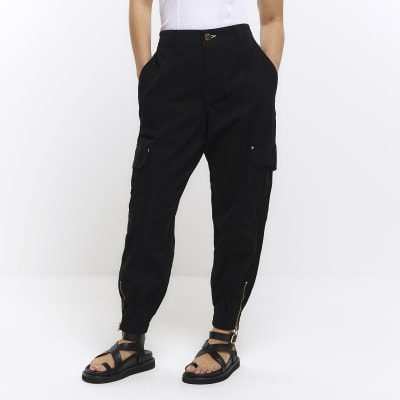 Carina Solid Cargo Pants With Pockets For Women - Black