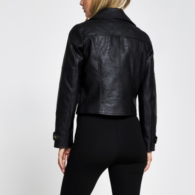 Petite black zip faux leather biker jacket