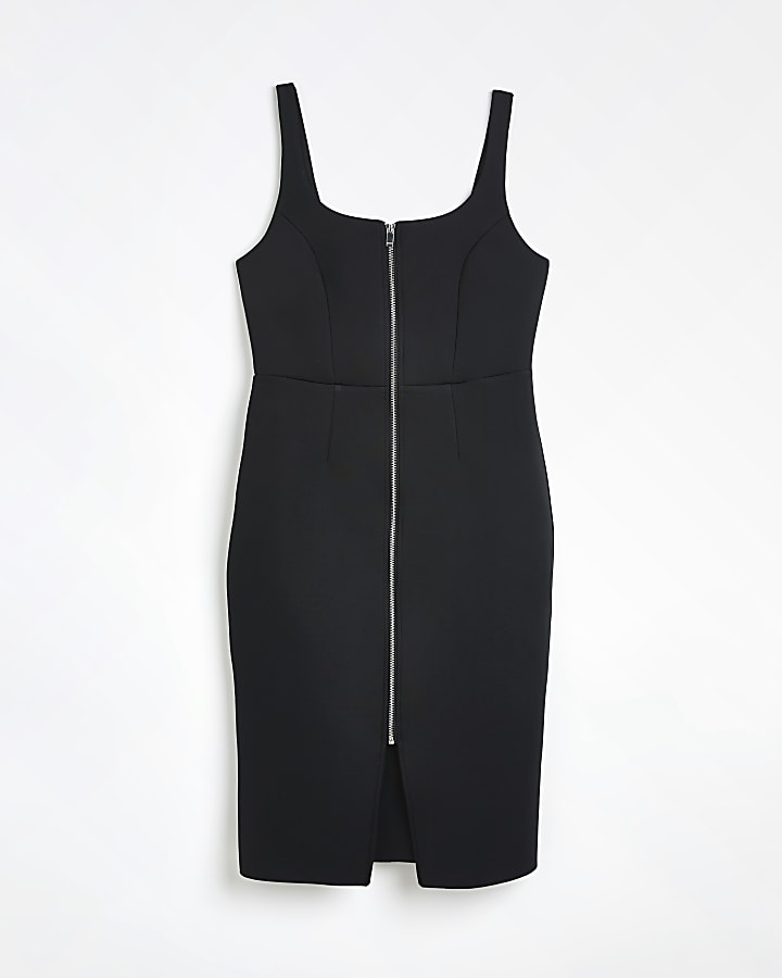 Petite black zip front bodycon midi dress