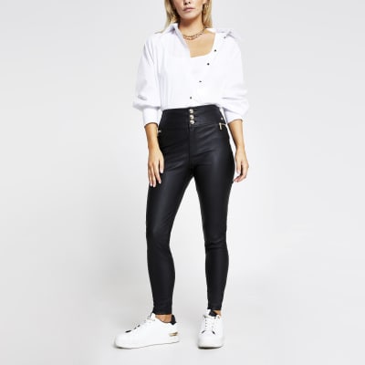 Petite black zip pocket PU skinny trousers