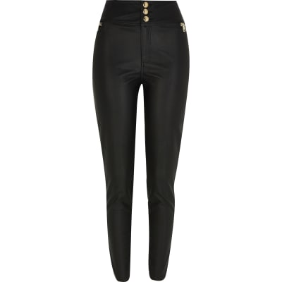 Petite black zip pocket PU skinny trousers