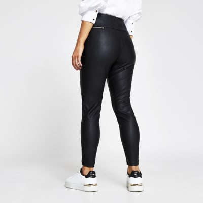 Petite black zip pocket PU skinny trousers