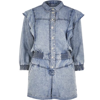Petite blue acid wash frill playsuit