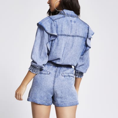 Petite blue acid wash frill playsuit