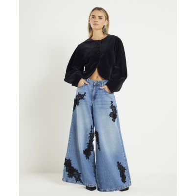 Petite Blue Baggy Fit Orchid Applique Jeans