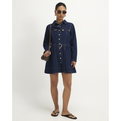 Petite Blue Belted Denim Swing Dress