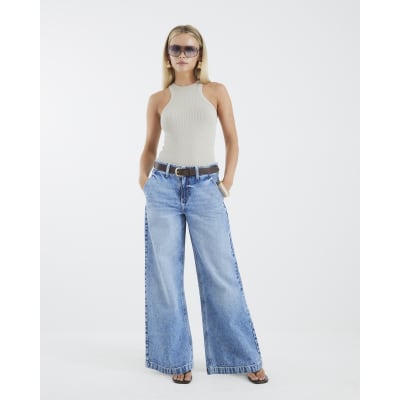 Petite Blue Belted Wide Leg Baggy Jeans