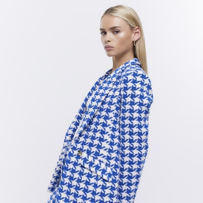 Petite blue boucle dogtooth blazer River Island