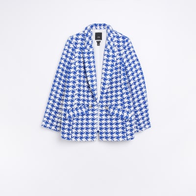 Petite blue boucle dogtooth blazer River Island