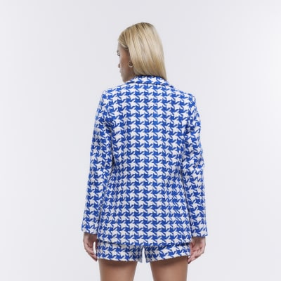 Petite blue boucle dogtooth blazer River Island