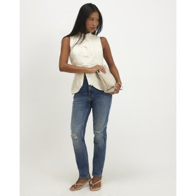 Petite Blue Cigarette Leg Ripped Jeans