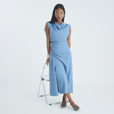 Petite Blue Cowl Neck Midi Dress