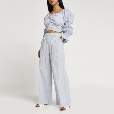 Petite blue crinkled trousers