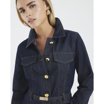 Petite Blue Denim Belted Peplum Jacket