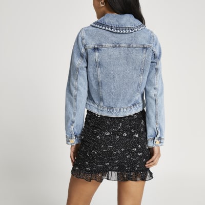 Petite blue denim collared fitted jacket