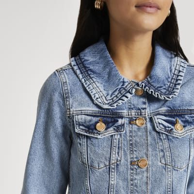 Petite blue denim collared fitted jacket