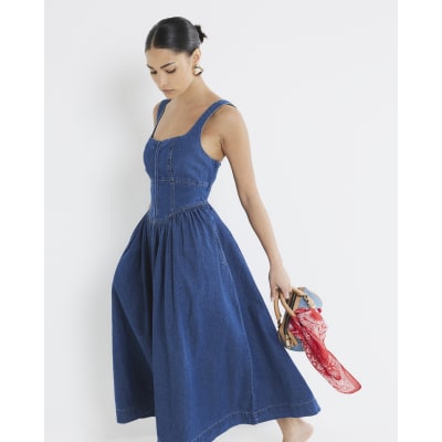 Petite Blue Denim Corset Midi Dress River Island