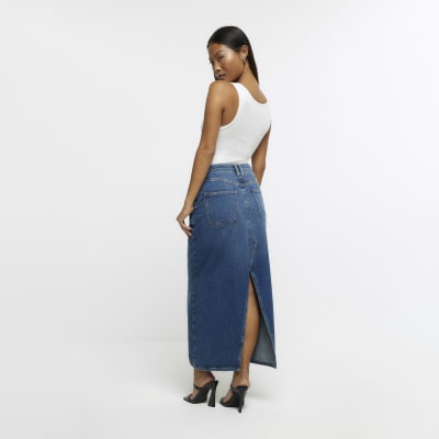 Petite blue denim maxi skirt | River Island