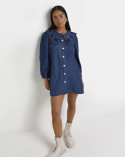 Petite blue denim mini shirt dress