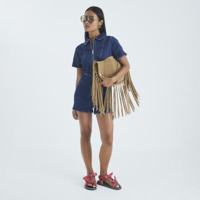 Petite Blue Denim Short Sleeve Zip Playsuit