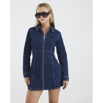 Petite Blue Denim Zip Front Mini Dress