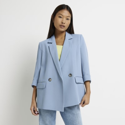 Petite blue double breasted blazer | River Island