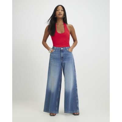 Petite Blue Elasticated Back Wide Leg Jeans